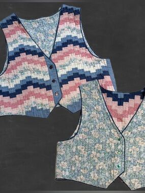VINTAGE quilted vest folk art handmade reversible chevron cottage country floral